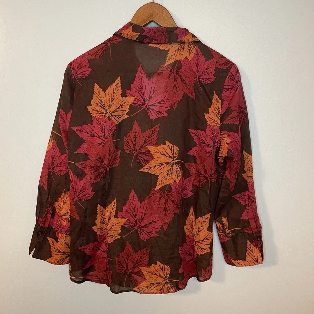 Coldwater Creek Button Top Blouse Size M Fall Brown Red‎ Orange Leaf - Picture 3 of 6